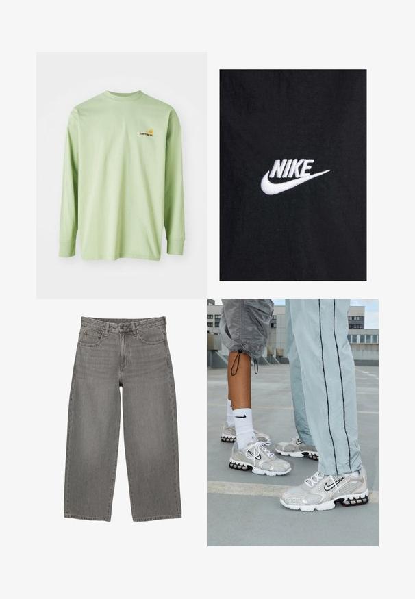 Schwarzes Baumwoll-T-Shirt mit einem weißen, gestickten Nike-Logo, klassischem Rundhalsausschnitt und kurzen Ärmeln. Glatte Textur.; Hellblaues, verblichenes Sweatshirt mit gerippten Bündchen und Saum, das ein großes stilisiertes "NY"-Logo auf der Brust gestickt hat.; Langarm-T-Shirt aus leichtem Baumwollstoff in Hellgrün mit Rundhalsausschnitt, versehen mit einem kleinen orange-braunen Logo auf der linken Brustseite.; Graue Denim-Hose mit weitem Bein, vorderem Knopf- und Reißverschluss, Gürtelschlaufen und Fünf-Taschen-Design.; Nike Sportschuhe aus silbernem Mesh-Material, mit weißen Schnürsenkeln, einem schwarzen Swoosh-Logo und einer schwarzen und roten Luftdämpfungsohle.