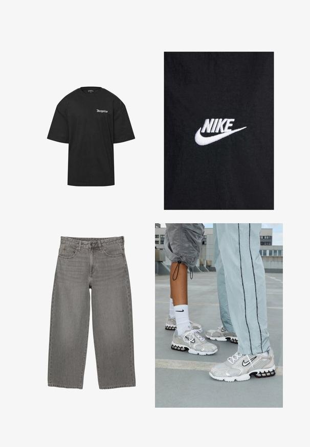 Schwarzes Baumwoll-T-Shirt mit einem weißen, gestickten Nike-Logo, klassischem Rundhalsausschnitt und kurzen Ärmeln. Glatte Textur.; Hellblaues, verblichenes Sweatshirt mit gerippten Bündchen und Saum, das ein großes stilisiertes "NY"-Logo auf der Brust gestickt hat.; Schwarzes Baumwoll-T-Shirt mit rundem Halsausschnitt und kurzen Ärmeln. Mit weißem "Dropsize"-Text auf der linken Brust. Einfacher und lässiger Schnitt.; Graue Denim-Hose mit weitem Bein, vorderem Knopf- und Reißverschluss, Gürtelschlaufen und Fünf-Taschen-Design.; Nike Sportschuhe aus silbernem Mesh-Material, mit weißen Schnürsenkeln, einem schwarzen Swoosh-Logo und einer schwarzen und roten Luftdämpfungsohle.