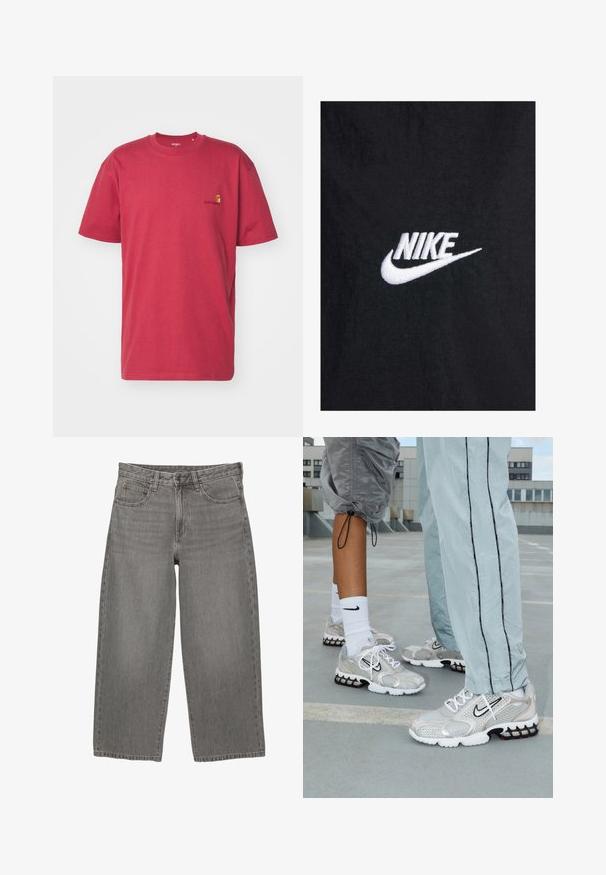 Sort bomulds T-shirt med et hvidt broderet Nike-logo, med en klassisk rund halsudskæring og korte ærmer. Glat tekstur.; Lys blå, falmet sweatshirt med ribbede manchetter og kant, der har et stort stiliseret "NY" logo broderet på brystet.; Carhartt WIP AMERICAN SCRIPT - T-shirts basic - tuscany; Grå denim bredbenede jeans med frontknap og lynlås, bæltesløjfer og fem-lomme design.; Nike sportssko i sølvfarvet meshmateriale med hvide snørebånd, et sort swoosh-logo og en sort og rød luftdæmpningssål.