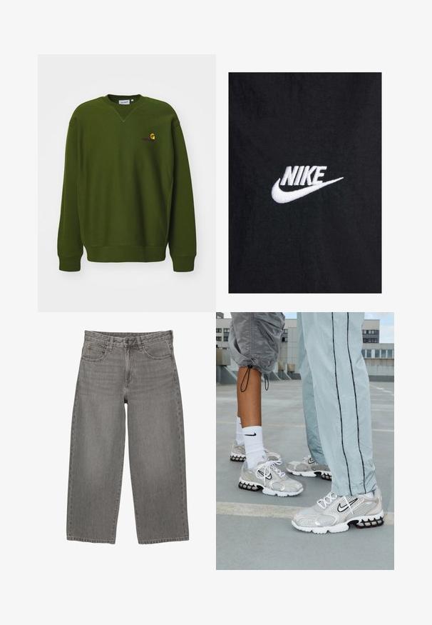 Černé bavlněné tričko s bílým vyšitým logem Nike, klasickým kulatým výstřihem a krátkými rukávy. Hladká textura.; Olivově zelená mikina s volným střihem, kulatým výstřihem a žebrovanými manžetami. Na hrudi se nachází malé vyšívané logo v žluté a fialové barvě.; Šedé džínové kalhoty širokého střihu s předním zapínáním na knoflík a zip, poutky na opasek a designem se pěti kapsami.; Sportovní boty Nike vyrobené z stříbrné síťoviny, se bílými tkaničkami, černým logem swoosh a černou a červenou podrážkou s air polstrováním.