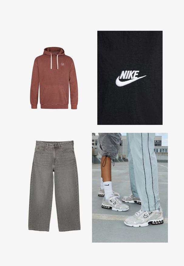 Czarna bawełniana koszulka z białym haftowanym logo Nike, z klasycznym okrągłym dekoltem i krótkimi rękawami. Gładka faktura.; Bluza z kapturem w kolorze przykurzonego różu, wykonana z miękkiego materiału. Posiada przednią kieszeń typu kangurka, regulowany sznurkiem kaptur oraz haftowane logo na klatce piersiowej.; Długi rękaw t-shirt w jasnym zielonym kolorze z bawełny, z okrągłym dekoltem, z małym pomarańczowym i brązowym logo na lewej klatce piersiowej.; Szare dżinsowe spodnie o szerokich nogawkach, z przodem zapinanym na guzik i zamek błyskawiczny, z szlufkami na pasek i pięcioma kieszeniami.; Buty sportowe Nike w srebrnej siateczce, z białymi sznurowadłami, czarnym logo swoosh oraz czarną i czerwoną podeszwą z poduszką powietrzną.
