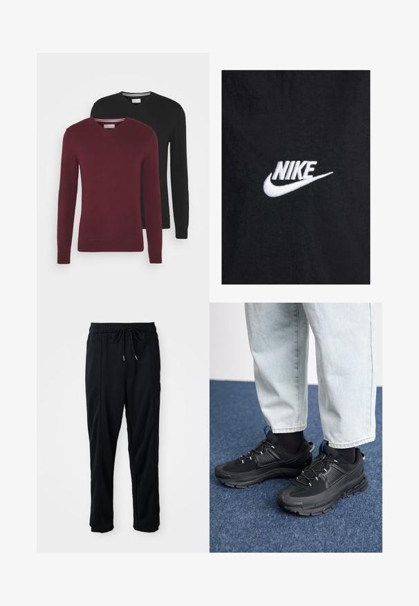 Fekete pamut póló, fehér hímzett Nike logóval, klasszikus kerek nyakkal és rövid ujjakkal. Sima textúra.; Két V-nyakú pulóver bordó és fekete színben. Mindkettő hosszú ujjú, bordázott mandzsettával készült, puha kötött anyagból. Csíkos nyakrészi részlet.; Fekete húzózsinóros, kényelmes nadrág oldalsó varrású zsebekkel és egyenes szabással, egyszínű háttéren.; Fekete sportcipők texturált anyaggal és gumitalppal, elasztikus fűzőkkel és kék kiegészítővel a saroknál. Világos farmernadrággal viselve.