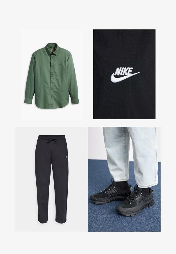 Tricou din bumbac negru, cu un logo Nike brodat alb, având un gât rotund clasic și mâneci scurte. Textură netedă.; Levi's® AUTHENTIC BUTTON DOWN - Cămașă - mill forest; Pantaloni de trening negri dintr-un material moale, cu talie elastică, șnur de ajustare și un mic logo Nike pe coapsa stângă.; Pantofi sport negri, cu țesătură texturată și tălpi din cauciuc, având șireturi elastice și un accent albastru pe toc. Purtați cu pantaloni din denim deschis.