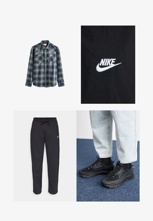 Fekete pamut póló, fehér hímzett Nike logóval, klasszikus kerek nyakkal és rövid ujjakkal. Sima textúra.; Kék és szürke kockás, hosszú ujjú ing, gombos gallérral, két zsebbel a mellrészen és enyhén kopott textúrával. Patentos záródással rendelkezik.; Fekete, puha anyagból készült melegítőnadrág, rugalmas derékkal, húzózsinórral és egy kis Nike logóval a bal combján.; Fekete sportcipők texturált anyaggal és gumitalppal, elasztikus fűzőkkel és kék kiegészítővel a saroknál. Világos farmernadrággal viselve.