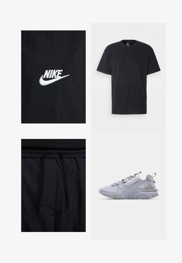Melnas kokvilnas T-krekls ar baltu izšūtu Nike logotipu, klasiskā apaļā izgriezumā un īsām piedurknēm. Gluda tekstūra.; Nike melns kokvilnas T-krekls ar klasisku piegriezumu, īsām piedurknēm un smalku, reljefu logotipu uz krūškurvja. Gluda tekstūra.; Melni šorti ar sašūtu jostu, viegls audums ar gludu tekstūru un vienkāršs dizains bez redzamiem logotipiem vai paraugiem.; Gaiši pelēki sporta apavi ar elpojošu sietu augšdaļu, teksturētu gumijas zoli un atstarojošiem akcentiem. Iespējas ar mīkstinātu apkakli un auklu dizainu.