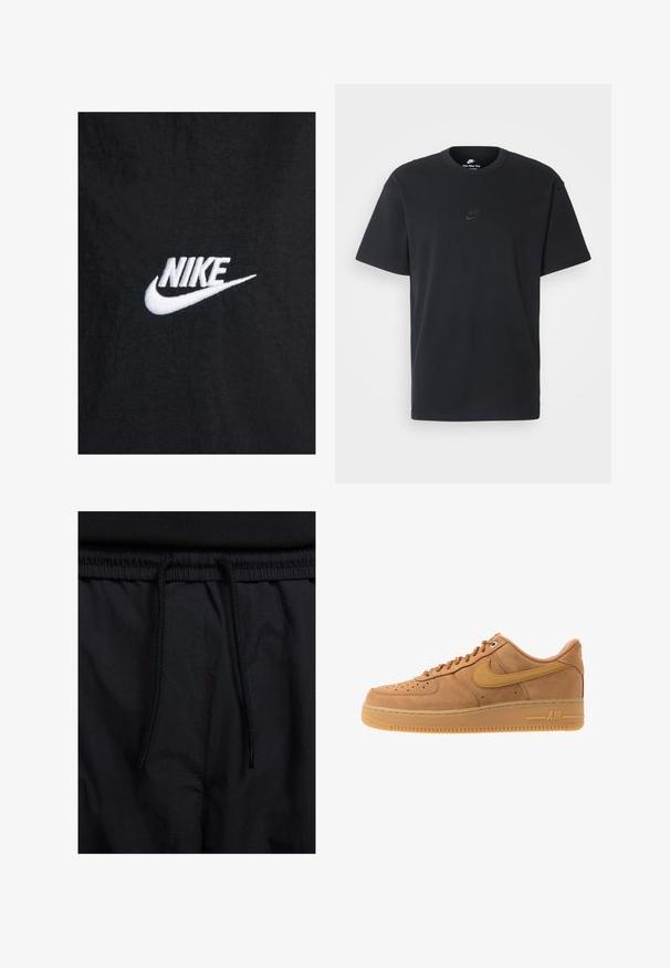 Black cotton t-shirt featuring a white embroidered Nike logo, with a classic round neckline and short sleeves. Smooth texture.; Nike black cotton t-shirt with a classic crew neck, short sleeves, and a subtle, embossed logo on the chest. Smooth texture.; Black shorts featuring a drawstring waistband, lightweight fabric with a smooth texture, and a simple design without visible logos or patterns.; Nike Sportswear AIR FORCE 1 07 - Trainers - flax/wheat/light brown/black/team gold