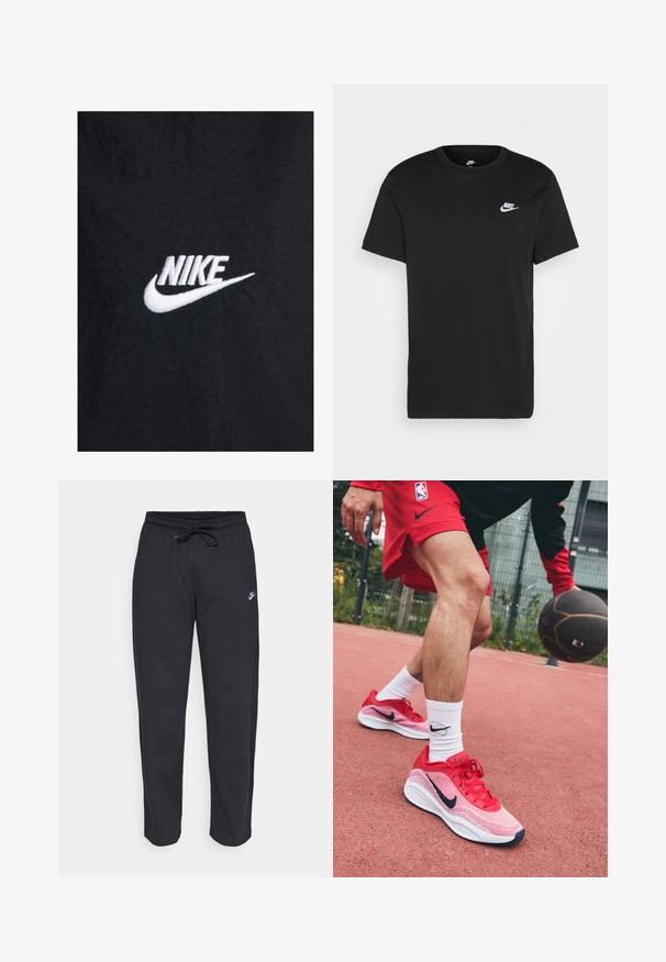 T-shirt en coton noir avec un logo Nike brodé en blanc, à encolure ronde classique et manches courtes. Texture lisse.; T-shirt en coton noir à manches courtes, col rond, avec un petit logo Nike blanc sur la poitrine supérieure gauche. Texture lisse. Coupe classique.; Pantalons de survêtement noirs en tissu doux, avec une taille élastique, un cordon de serrage et un petit logo Nike sur la cuisse gauche.; Baskets légères rouges avec un design en mesh et des accents navy contrastés, accompagnées de chaussettes blanches arborant un logo noir.