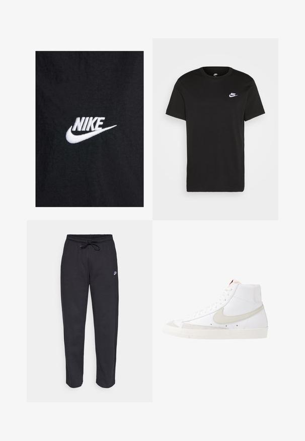 T-shirt de algodão preto com um logotipo da Nike em branco bordado, com um decote redondo clássico e mangas curtas. Textura suave.; T-shirt de algodão preto com mangas curtas, decote redondo e um pequeno logótipo da Nike em branco no canto superior esquerdo do peito. Textura suave. Ajuste clássico.; Calças de treino pretas feitas de tecido suave, com faixa elástica na cintura, cordão regulador e um pequeno logótipo da Nike na coxa esquerda.; Nike Sportswear BLAZER '77 UNISEX - Sapatilhas de cano alto - white/light bone/sail