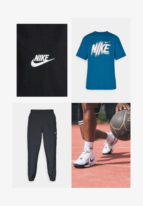 Črna bombažna majica s kratkimi rokavi, ki ima belo izvezeno Nike logo, s klasičnim okroglim izrezom. Gladka tekstura.; Modra bombažna majica s krojem, ki vsebuje velik bel logotip "NIKE" z učinkom čopiča ter napis "EST. 1977" spodaj, okroglim izrezom in kratkimi rokavi.; Črne trenirke iz lahkega materiala z elastičnim pasom, manšetami na gležnjih in diskretnim logotipom Nike na levi strani.; Bele bele športne čevlje bele barve z črnimi in rdečimi akcenti, z teksturirano zgornjimi delom in značilnim logotipom swoosh, z nošenjem na igrišču z žogo za košarko.