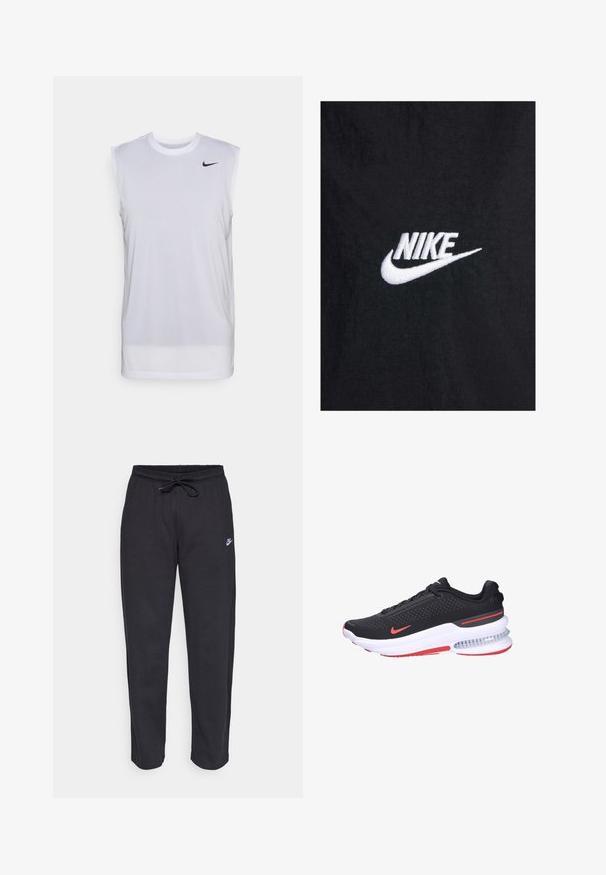 Zwart katoenen t-shirt met een witte geborduurde Nike-logo, voorzien van een klassieke ronde halslijn en korte mouwen. Gladde textuur.; Witte mouwloze sportshirt gemaakt van lichtgewicht materiaal. Heeft een ronde halslijn en een klein zwart Nike-logo aan de bovenlinkerkant.; Zwarte sweatpants van zacht stof met een elastische tailleband, trekkoord en een klein Nike-logo op de linker bovenbeen.; Zwarte sportieve sneakers met een gestructureerde bovenkant, rode accenten en zichtbare luchtkussens in de zool. Voorzien van een geperforeerd ontwerp en veters.