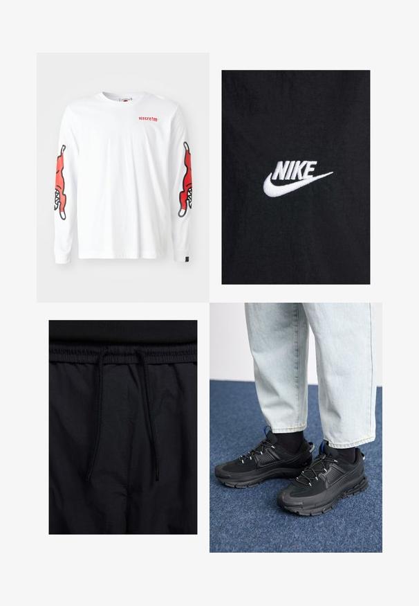 Schwarzes Baumwoll-T-Shirt mit einem weißen, gestickten Nike-Logo, klassischem Rundhalsausschnitt und kurzen Ärmeln. Glatte Textur.; Langärmliges weißes T-Shirt mit roten Grafikdesigns auf beiden Ärmeln und einem kleinen roten Logo auf der Brust. Aus Baumwolle, lässige Passform.; Schwarze Shorts mit einem Kordelzugbund, leichtem Stoff mit glatter Textur und einem schlichten Design ohne sichtbare Logos oder Muster.; Schwarze Sportschuhe aus strukturiertem Stoff mit Gummisohlen, ausgestattet mit elastischen Schnürsenkeln und einem blauen Akzent an der Ferse. Getragen mit hellen Jeans.