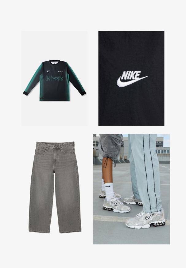 Sort bomulds T-shirt med et hvidt broderet Nike-logo, med en klassisk rund halsudskæring og korte ærmer. Glat tekstur.; Langærmet trøje i gradient sort og teal, med rund hals, tekstureret stof og "Rivvia"-logo i lysegrøn på forsiden.; Grå denim bredbenede jeans med frontknap og lynlås, bæltesløjfer og fem-lomme design.; Nike sportssko i sølvfarvet meshmateriale med hvide snørebånd, et sort swoosh-logo og en sort og rød luftdæmpningssål.