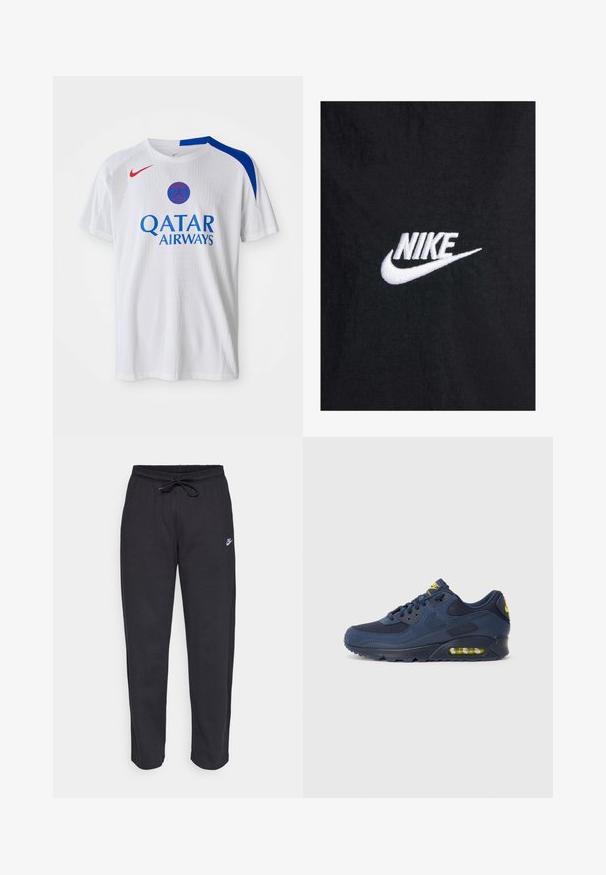Czarna bawełniana koszulka z białym haftowanym logo Nike, z klasycznym okrągłym dekoltem i krótkimi rękawami. Gładka faktura.; Biała koszulka Nike z niebieskimi akcentami na ramionach, czerwonym logo oraz napisem "QATAR AIRWAYS" w niebieskim kolorze na przodzie. Teksturowana tkanina.; Czarne dresy wykonane z miękkiego materiału, z elastycznym pasem, sznurkiem do ściągania i małym logo Nike na lewej udzie.; Granatowe sneakersy Nike Air Max z cholewką z zamszu i siateczki, z żółtymi akcentami, sznurowanym przodem oraz widoczną poduszką powietrzną w podeszwie.