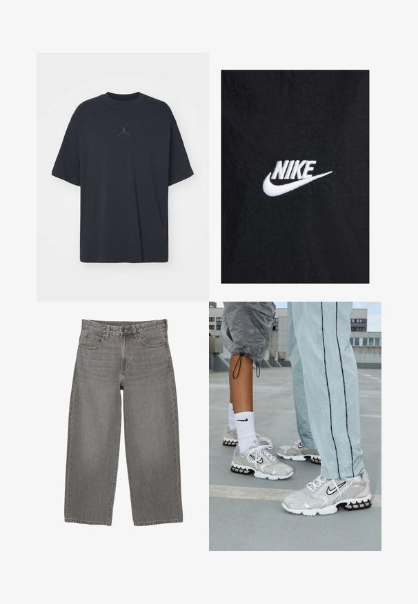Fekete pamut póló, fehér hímzett Nike logóval, klasszikus kerek nyakkal és rövid ujjakkal. Sima textúra.; Fekete pamut póló laza fazonnal, kerek nyakkal, rövid ujjal, a középen található diszkrét logó felett "AIR" felirattal.; Szürke farmer széles lábúnak számító farmernadrág elülső gombos és cipzáras záródással, övakasokkal és öt zsebes kivitelben.; Nike sportcipő ezüst hálós anyagból, fehér fűzőkkel, fekete swoosh logóval és fekete-piros légpárnás talppal.