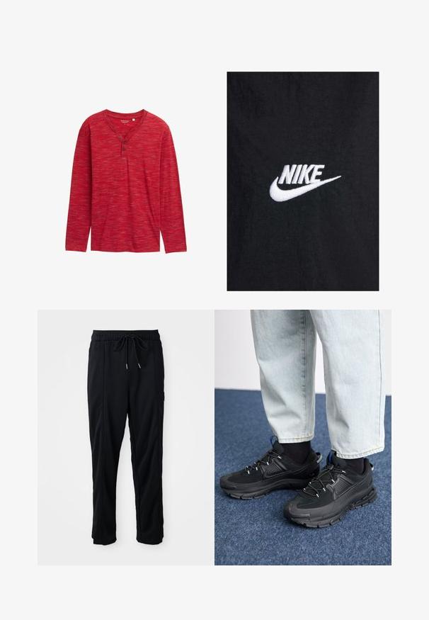 Black cotton t-shirt featuring a white embroidered Nike logo, with a classic round neckline and short sleeves. Smooth texture.; Long-sleeve red henley shirt made of textured fabric, featuring a V-neckline, three buttons, and a relaxed fit with finished hems.; Black drawstring waist casual pants with side seam pockets and straight leg cut on a plain background.; Black athletic shoes with textured fabric and rubber soles, featuring elastic laces and a blue accent on the heel. Worn with light denim pants.