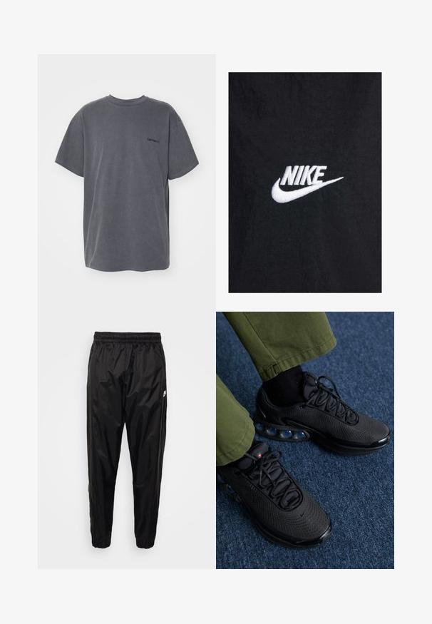 T-shirt en coton noir avec un logo Nike brodé en blanc, à encolure ronde classique et manches courtes. Texture lisse.; Carhartt WIP DUSTER SCRIPT - T-shirt basique - black; Pantalons de survêtement noirs en matériau léger et brillant, avec une taille élastique, une coupe fuselée et des poches zippées. Présente un accent logo.; Baskets de sport noires avec une tige en mesh, surface texturée et coussins d'air visibles. Associées à un pantalon vert olive et des chaussettes noires.