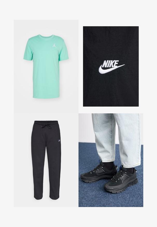 Melnas kokvilnas T-krekls ar baltu izšūtu Nike logotipu, klasiskā apaļā izgriezumā un īsām piedurknēm. Gluda tekstūra.; Jordan JUMPMAN CREW - Pamata T-krekls - emerald rise/(white); Melnas sporta bikses, kas izgatavotas no mīksta auduma, ar elastīgu jostu, auklu un mazu Nike logo uz kreisā augšstilba.; Melni sporta apavi ar strukturētu audumu un gumijas zoli, ar elastīgām auklām un zilu akcentu uz papēža. Nēsāti ar gaišām džinsu biksēm.