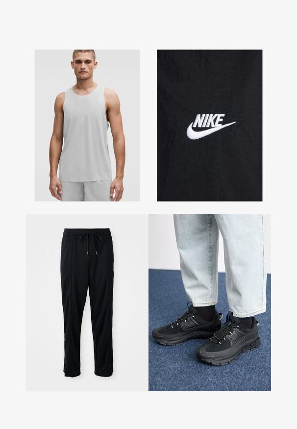 Mustad must puuvillane t-särk, millel on valge tikandiga Nike logo, klassikalise ümmarguse kaeluse ja lühikeste varrukatega. Sile tekstuur.; Heled halli sporditopp ümarate kaelustega ja ilma varrukateta, valmistatud hingavast materjalist, millel on peened tekstuurilisused.; Mustad nööridega vööga igapäevased mustad püksid, külgseamipocketid ja sirge sääre lõikega, ühtlasel taustal.; Mustad mustad jooksukingad, millel on tekstureeritud kangas ja kummist tallad, elastsed nöörid ning sinine aksent kandadel. Kandmine heledate teksadega.