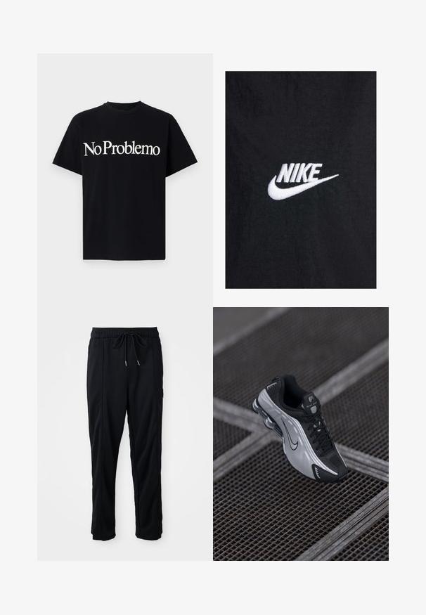 Černé bavlněné tričko s bílým vyšitým logem Nike, klasickým kulatým výstřihem a krátkými rukávy. Hladká textura.; Černé bavlněné tričko s krátkými rukávy a kulatým výstřihem. Na přední straně je velký bílý nápis "No Problemo".; Černé casual kalhoty se stahovací šňůrkou v pase, bočními kapsami a rovnými nohavicemi na jednobarevném pozadí.; Sportovní obuv Nike s černo-stříbrným designem. Vyrobena z umělého materiálu s síťovinou a podpůrnou podrážkou s viditelným vzduchovým polstrováním.