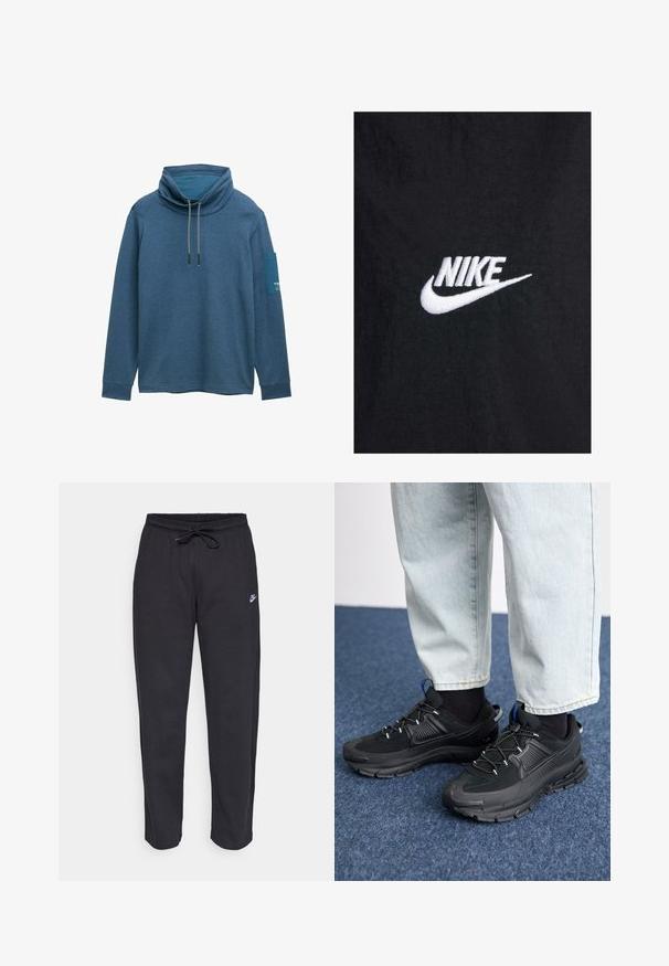 Mustad must puuvillane t-särk, millel on valge tikandiga Nike logo, klassikalise ümmarguse kaeluse ja lühikeste varrukatega. Sile tekstuur.; Sinine, pikakä sleevesega pehme pullover, mis on kõrgema kaelusega, nöördetailiga ja vasakul varrukal kontrastne lapiga. Pehme, tekstureeritud kangas.; Mustad mustad, pehmest kangast, elastse vöökoha, nööriga ja väikese Nike logo'ga vasakul reiel.; Mustad mustad jooksukingad, millel on tekstureeritud kangas ja kummist tallad, elastsed nöörid ning sinine aksent kandadel. Kandmine heledate teksadega.