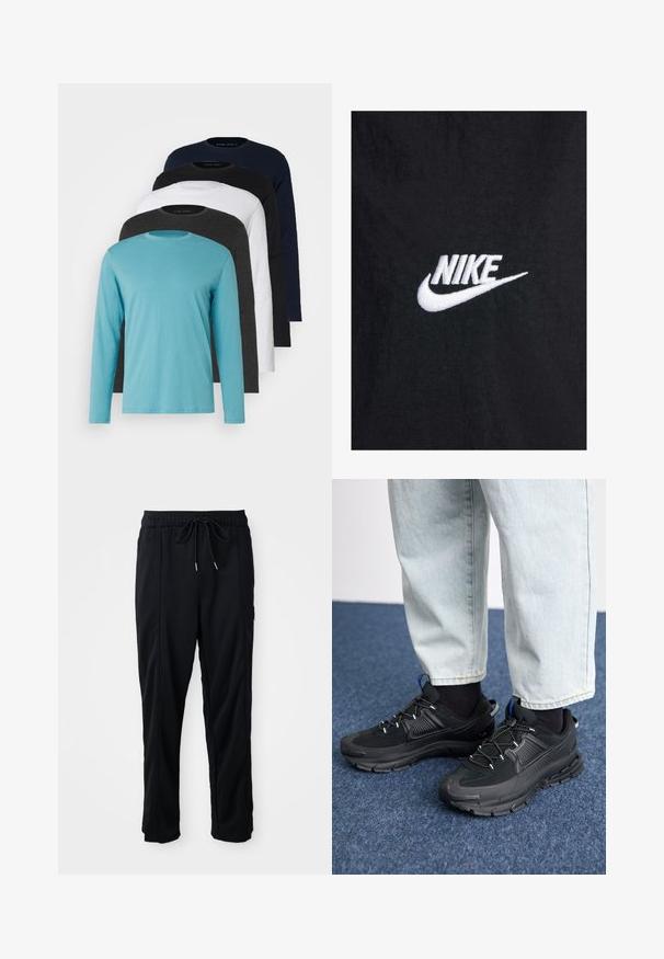 Fekete pamut póló, fehér hímzett Nike logóval, klasszikus kerek nyakkal és rövid ujjakkal. Sima textúra.; Öt hosszú ujjú póló egymás mellett: türkiz, fekete, fehér, sötétszürke és tengerészkék. Puha anyag, kerek nyakkivágású kialakítás és standard fit.; Fekete húzózsinóros, kényelmes nadrág oldalsó varrású zsebekkel és egyenes szabással, egyszínű háttéren.; Fekete sportcipők texturált anyaggal és gumitalppal, elasztikus fűzőkkel és kék kiegészítővel a saroknál. Világos farmernadrággal viselve.