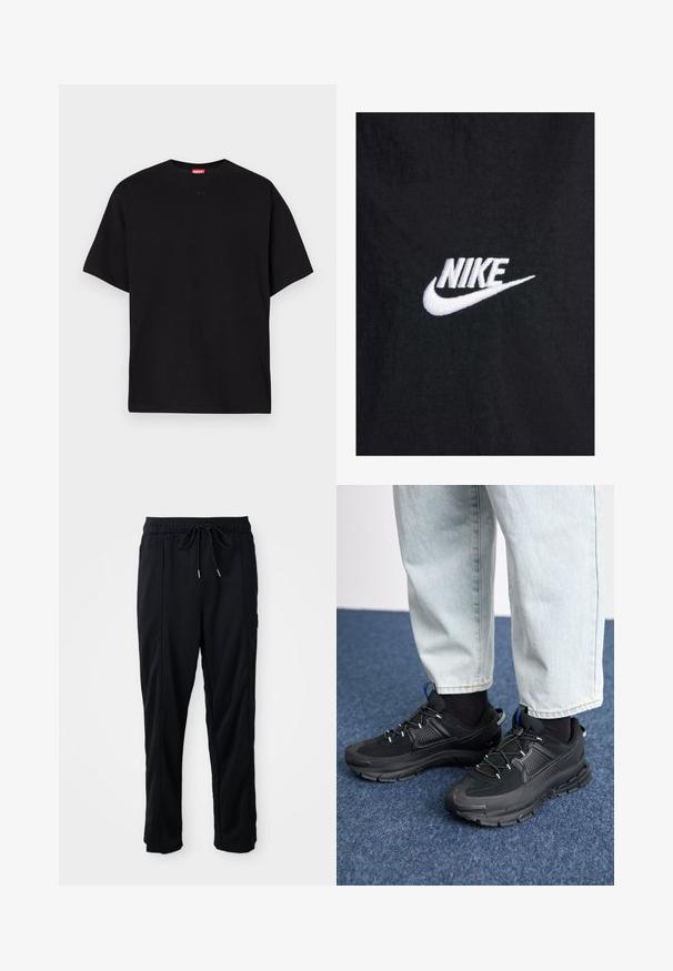 Melnas kokvilnas T-krekls ar baltu izšūtu Nike logotipu, klasiskā apaļā izgriezumā un īsām piedurknēm. Gluda tekstūra.; Melna kokvilnas T-kreka ar apaļu kaklu, īsām piedurknēm un nelielu izsistā logotipu uz priekšpuses. Gluda tekstūra, ikdienišķs dizains.; Melnas bikses ar aukliņu jostas vietā, ar sānu kabatām un taisnu kāju griezumu uz vienkrāsaina fona.; Melni sporta apavi ar strukturētu audumu un gumijas zoli, ar elastīgām auklām un zilu akcentu uz papēža. Nēsāti ar gaišām džinsu biksēm.