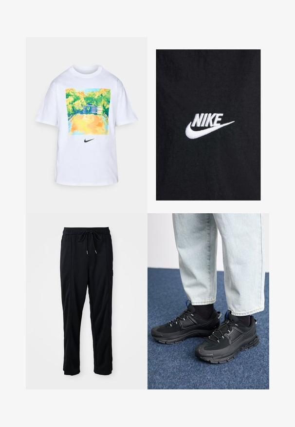 Svart bomull t-skjorte med hvit brodert Nike-logo, med klassisk rund hals og korte ermer. Glatt tekstur.; Hvit bomulls t-skjorte med et fargerikt basketballbane-graphic i grønt og gult, med en liten svart Nike-logo under designet.; Svarte casual bukser med strikk i livet, sidelommer og rett bein på en ensfarget bakgrunn.; Svarte sportssko med teksturert stoff og gummisåler, med elastiske lisser og en blå detalj på hælen. Brukt med lyse denimbukser.