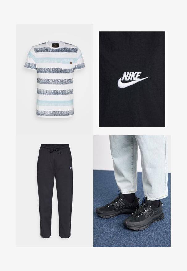 Tricou din bumbac negru, cu un logo Nike brodat alb, având un gât rotund clasic și mâneci scurte. Textură netedă.; Tricou cu dungi, prezentând benzi orizontale în bleumarin închis, albastru deschis și alb. Include un mic buzunar pe piept și este fabricat din bumbac moale.; Pantaloni de trening negri dintr-un material moale, cu talie elastică, șnur de ajustare și un mic logo Nike pe coapsa stângă.; Pantofi sport negri, cu țesătură texturată și tălpi din cauciuc, având șireturi elastice și un accent albastru pe toc. Purtați cu pantaloni din denim deschis.