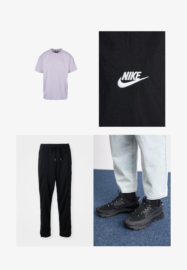 Černé bavlněné tričko s bílým vyšitým logem Nike, klasickým kulatým výstřihem a krátkými rukávy. Hladká textura.; Levandulové bavlněné tričko s krátkým rukávem, kulatým výstřihem a volným střihem. Má jednoduchý design, hladkou texturu a jednobarevný vzhled.; Černé casual kalhoty se stahovací šňůrkou v pase, bočními kapsami a rovnými nohavicemi na jednobarevném pozadí.; Černé sportovní boty s texturovanou tkaninou a gumovou podrážkou, s elastickými tkaničkami a modrým akcentem na patě. Nosí se s světlými džíny.