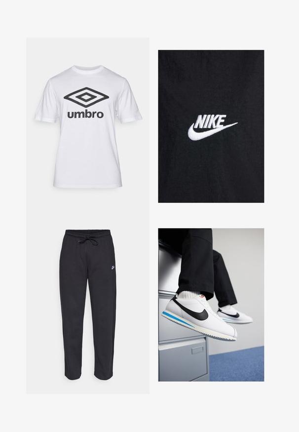 Juodas medvilninis marškinėlis su balta siuvinėta Nike logotipo detalė, klasikinio apvalaus iškirpimo ir trumpomis rankovėmis. Lygi tekstūra.; Balta medvilninė marškinėliai su dideliu juodu "Umbro" logotipu ir deimanto grafinėmis antkyškiu. Trumpomis rankovėmis, apvaliu kaklu, klasikinio kirpimo.; Juodos sportinės kelnės, pagamintos iš minkštos medžiagos, su elastinga juostele, raišteliu ir mažuoju Nike logotipu kairiajame šlaunyje.; Baltos odinės sportbačiai su juodu Nike logotipu, šviesiai mėlyna ir pilka guma padais bei klasikiniu raištelių dizainu. Kojos remiasi į dokumentų spintą.