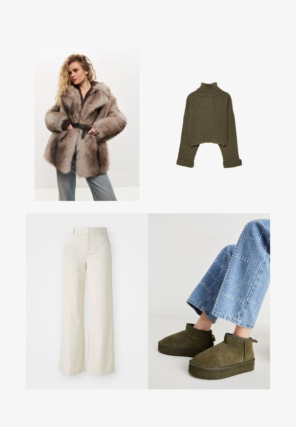 Cesare Gaspari Zimski kaput - brown; Stradivarius Vesta - khaki; Hlače širokih nogavica u svijetloj bež boji, izrađene od glatke tkanine. Imaju klasičnu elastičnu traku u struku i ravni prednji dio s čistim linijama.; Maslinasto zelene antilop čizmice do gležnja s debelim, teksturiranim đonom i trakom za povlačenje. Uparene s svijetloplavim, ukrašenim trapericama.