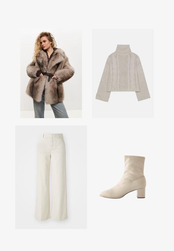 Cesare Gaspari Zimní kabát - brown; Zkrácený svetřík v světle šedé barvě z pleteniny s vysokým límcem a žebrovanými manžetami, se strukturovanými kabelovými vzory na zádech a bocích.; Kalhoty s širokými nohavicemi v jasně béžové barvě, vyrobené z hladkého materiálu. Mají klasický pas a plochý přední díl s čistými liniemi.; Krémová kotníková obuv vyrobená z hladké kůže, s špičatou špičkou a čtveratým podpatkem. Bezšvový design s minimem švů.