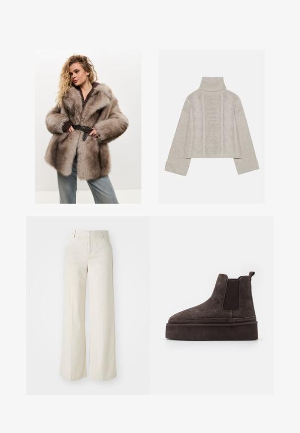 Cesare Gaspari Vinterkappa /-rock - brown; Beskurad, ljusgrå stickad tröja med hög krage och ribbade manschetter, med strukturerade kablar som går längs bakstycket och sidorna.; Vidbenade byxor i en ljus beige färg, gjorda av ett slätt tyg. Har en klassisk midja och flat front med rena linjer.; Bruna mockaskinn Chelsea-stövlar med elastiska sidopaneler och en tjock, texturerad platåsål. Har en dragflik vid hälen för enkel påtagning.