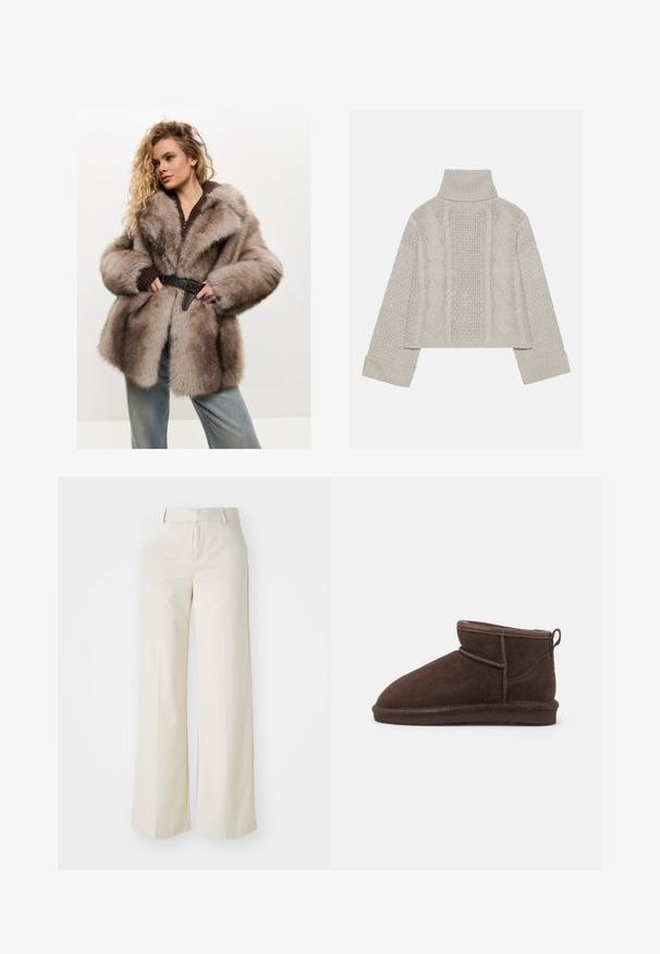 Cesare Gaspari - Płaszcz zimowy; Skórzana szara sweter z wysokim kołnierzem i ściągaczami, z teksturowanymi wzorami w warkocze z tyłu i po bokach.; Spodnie o szerokich nogawkach w jasnobeżowym kolorze, wykonane z gładkiego materiału. Posiadają klasyczny pas i płaski przód z czystymi liniami.; Bianco BIASNOW brązowy