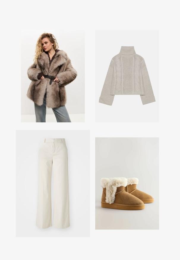 Cesare Gaspari Talvitakki - brown; Lyhyt, vaaleanharmaa neulepusero korkealla kauluksella ja ribbireunuksilla, jossa on teksturoidut letkut kuvioita takana ja sivuilla.; Tilavat housut vaaleassa beigeissä sävyissä, valmistettu sileästä kankaasta. Ominaisuuksina klassinen vyötäröosa ja litteä etuosa, joissa on puhtaat linjat.; Ruske mokasine med hrumenim umetnim krznom na zgornjem delu, okrogla konica in ravno gumijasto podplat. Šivani detajli ob straneh.