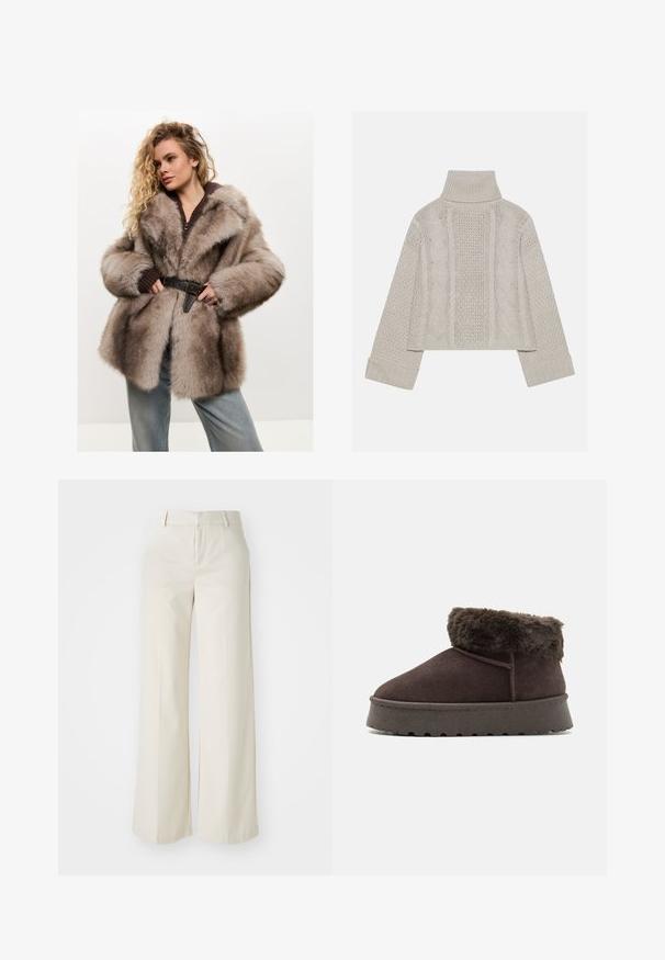 Cesare Gaspari Geacă - brown; Pulover tricotat, de culoare gri deschis, cu guler înalt și manșete ribbrate, având modele texturate de cabluri pe spate și pe laturi.; Pantaloni cu picioare largi, de culoare bej deschis, dintr-un material neted. Prezintă un brâu clasic și un față plată cu linii curate.; Botine din suede maro, cu guler din blană sintetică, vârf rotunjit și talpă din cauciuc texturat. Previne cusături simple și un design cu profil redus.