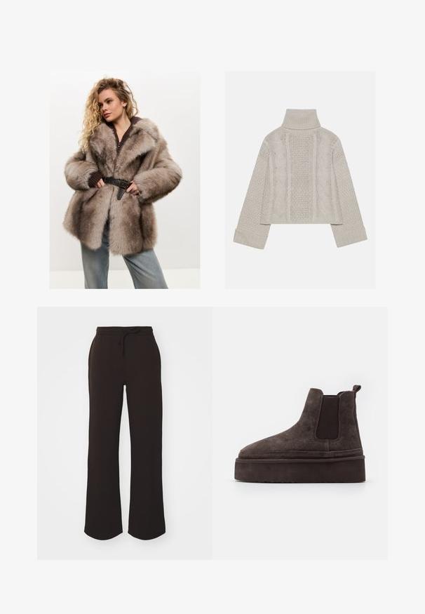 Cesare Gaspari Wintermantel - brown; Korte, lichtgrijze gebreide trui met een hoge kraag en ribbelmanchetten, met gestructureerde kabelpatronen op de rug en zijkanten.; Gina Tricot ICONIC - Trainingsbroek - dark brown; Bordeaux kleurige suède Chelsea boots met elastische zijpanelen en een dikke, gestructureerde platformzool. Voorzien van een trektab aan de hiel voor gemakkelijk aan- en uittrekken.