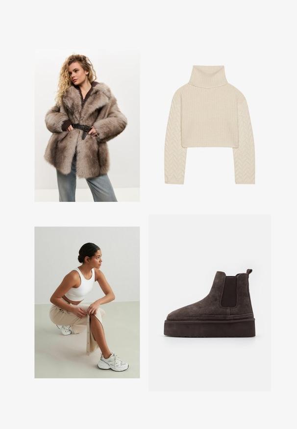 Cesare Gaspari Geacă - brown; Pulover scurt de culoare crem, cu guler înalt, corp tricotat texturat și mâneci cu model în v ale. Fabricat dintr-un material moale de fir.; Top scurt alb cu dungi, fustă bej cu nasturi și slit lateral, adidași albi cu accente negre și argintii, așezată pe un fundal deschis.; Cizme Chelsea din suede maro, cu panouri elastice pe laterale și o talpă groasă, texturată. Dispun de un obiect de prindere la călcâi pentru a facilita îmbrăcarea.