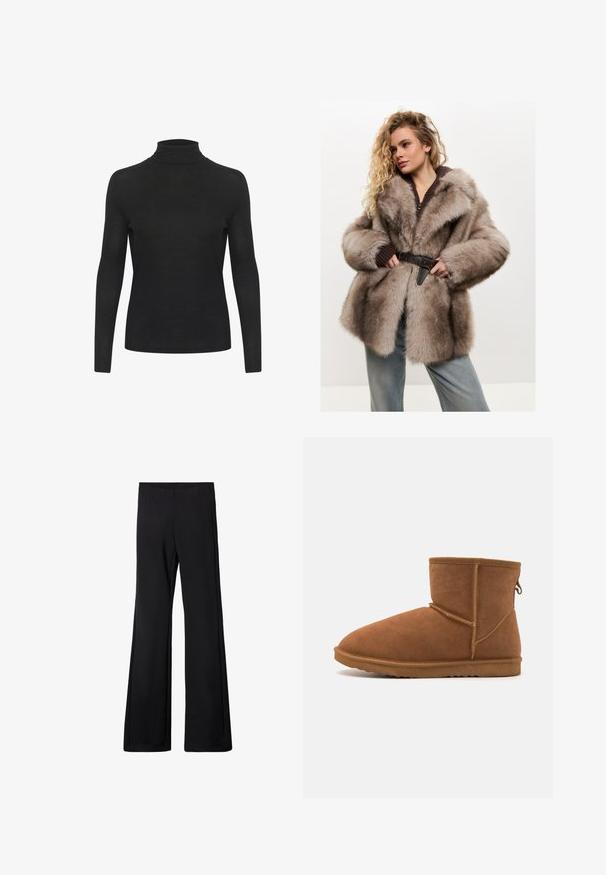 Cesare Gaspari Vinterkappa /-rock - brown; Svart polokrage-topp med långa ärmar, tillverkad av fint, lätt material. Har en åtsittande design och slät textur. Inga synliga mönster eller detaljer.; Svarta utsvängda byxor med elastisk midja, tillverkade i ett mjukt, stretchigt tyg, med en slät yta och utan synliga mönster eller hårdvara.; Brun mocka ankelsko med rund tå, flexibel gummisula och förstärka söm detaljer. Inkluderar en hängare baktill.