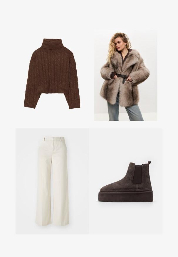 Cesare Gaspari Wintermantel - brown; Brauner, kabelgestrickter, kurzer Pullover mit hohem Rollkragen und langen Ärmeln, der einen gerippten Saum und ein strukturiertes Muster aufweist.; Weite Hosen in einem hellbeigen Farbton, aus einem glatten Stoff gefertigt. Mit einem klassischen Bund und flachem Vorderteil, das klare Linien zeigt.; Braune Wildleder Chelsea-Stiefel mit elastischen Seitenpaneelen und einer dicken, strukturierten Plattformsohle. Mit einem Ziehband an der Ferse für ein einfaches An- und Ausziehen.