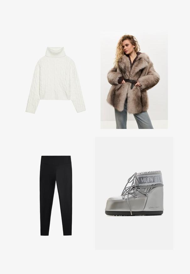 Cesare Gaspari Wintermantel - brown; Weißer, kabelgezopfter Rollkragenpullover mit kurzem Schnitt, der gerippte Bündchen und Saum aufweist. Weiche Textur mit einem gemütlichen, dicken Design.; Schwarze Leggings aus glattem, dehnbarem Stoff. Mit einem breiten Bund und tailliertem Bein Design, geeignet für aktive oder lässige Kleidung.; Silberner wasserdichter Stiefel mit runder Form, strukturiertem Finish und grauen Schnürsenkeln. Besitzt ein großes "MOON BOOT"-Logo im oberen Bereich.