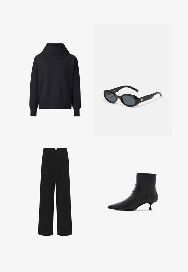 Cesare Gaspari Zimní kabát - brown; Tmavě šedá oversized mikina s vysokým límcem, dlouhými rukávy a žebrovanými manžetami. Vyrobena z měkké, strukturované látky.; Černé široké kalhoty s vysokým pasem, záhyby a hladkou texturou. Minimalistický design bez viditelných vzorů nebo kovových prvků.; ALDO EMMALIE - Kotníkové boty - black; Černé oválné sluneční brýle s tmavými skly, lesklým plastovým rámem, širokými stranami a malým zlatým detailem na jedné straně.