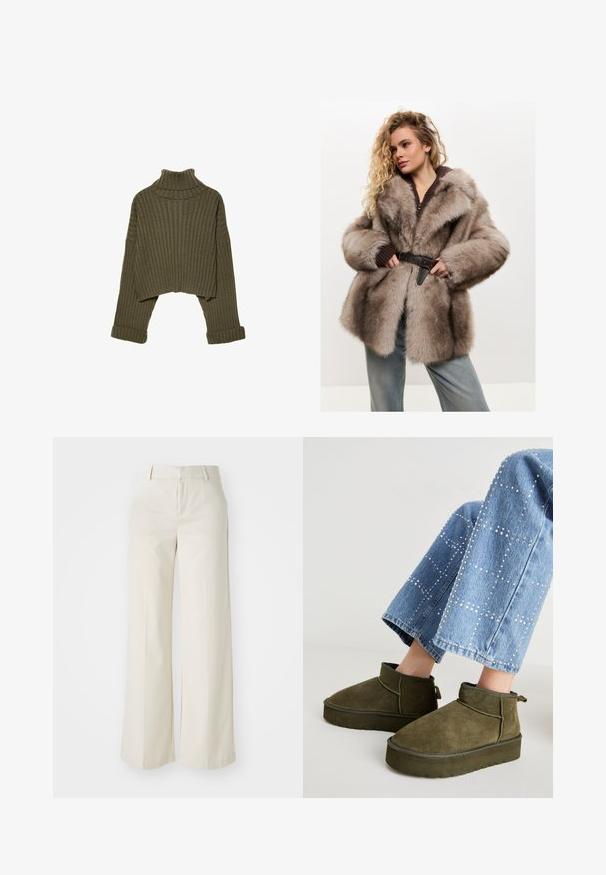 Cesare Gaspari Cappotto invernale - brown; Stradivarius Maglione - khaki; Pantaloni a gamba larga di un colore beige chiaro, realizzati in un tessuto liscio. Presentano una vita classica e una parte anteriore piatta con linee pulite.; Stivaletti alla caviglia in suede verde oliva con suola spessa e testurizzata e linguetta. Abbinati a jeans in denim azzurro chiaro con dettagli decorativi.