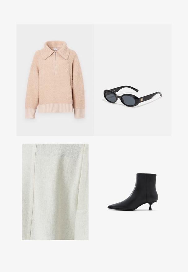 Cesare Gaspari Wintermantel - brown; Beiger Fleece-Pullover mit Kragen und halbem Reißverschluss. Gerippte Bündchen und Saum. Weiche Textur mit einem gemütlichen Erscheinungsbild.; Helles beige Leinengewebe mit einem strukturierten Muster, das eine Nahtdetail und eine Seitentasche aufweist. Glatte Oberfläche mit feiner Webart.; ALDO EMMALIE - Stiefelette - black; Schwarze ovale Sonnenbrillen mit dunklen Gläsern, glänzendem Kunststoffrahmen, breiten Bügeln und einem kleinen goldenen Akzent auf einer Seite.