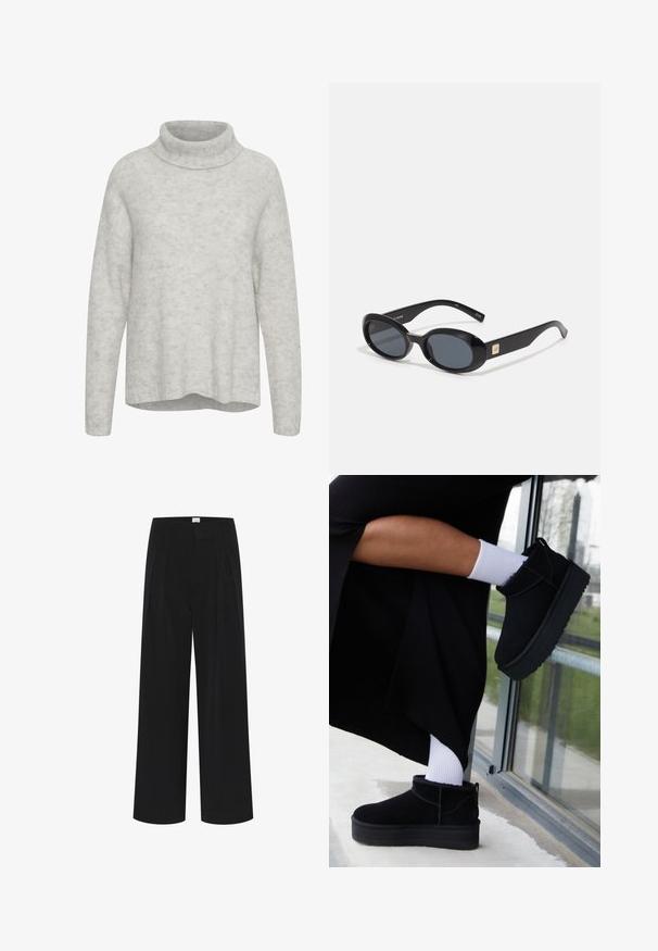 Cesare Gaspari Zimní kabát - brown; Světle šedý svetr s rolákem, dlouhými rukávy a volným střihem. Měkká textura s jemnými variacemi barev v celém materiálu.; Intimissimi ULTRALIGHT - Top s dlouhým rukávem - black; Černé široké kalhoty s vysokým pasem, záhyby a hladkou texturou. Minimalistický design bez viditelných vzorů nebo kovových prvků.; Černé semišové kotníkové boty s plochou podešví, s zadním poutkem, nošené s bílými kotníkovými ponožkami na minimalistickém pozadí.; Černé oválné sluneční brýle s tmavými skly, lesklým plastovým rámem, širokými stranami a malým zlatým detailem na jedné straně.