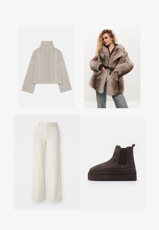 Cesare Gaspari Vinterfrakke - brown; Afskåret, lysegrå striktrøje med højt krave og ribbede manchetter, prydet med teksturerede kabelmønstre ned ad ryggen og siderne.; Bredde ben-bukser i en lys beige farve, lavet af et glat stof. Har en klassisk talje og flad front med rene linjer.; Brune ruskinds Chelsea støvler med elastiske sidepaneler og en tyk, struktureret platåsål. Har en strop bagpå til nem påtagning.