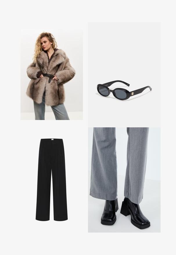 Cesare Gaspari Vinterfrakke - brown; Intimissimi U-BOOT-AUSSCHNITT - Langærmet T-shirt - black; Sorte bred ben bukser med høj talje, plisseringer og en glat tekstur. Minimalistisk design uden synlige mønstre eller hardware.; Sort hæl støvle med firkantet tå, glat læderfinish og en kraftig platform. Parret med lysegrå, bredbenede bukser.; Sorte ovale solbriller med mørke linser, glansfuld plastikramme, brede arme og en lille gul accent på den ene side.