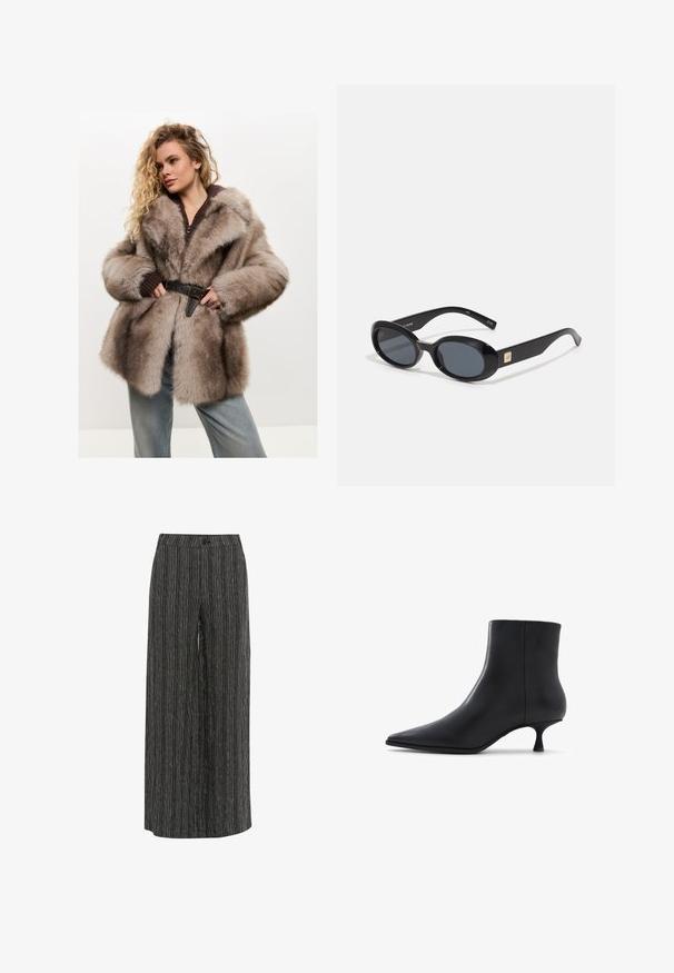 Cesare Gaspari Wintermantel - brown; Intimissimi CHRISTMAS - Longsleeve - black; Wijde broek in zwart-wit gestreepte stof. Voorzien van een knoopsluiting en een soepele textuur. Het ontwerp biedt een losse pasvorm en een ontspannen silhouet.; ALDO EMMALIE - Lage laarzen - black; Zwarte ovale zonnebril met donkere lenzen, glanzend kunststof frame, brede zijkanten en een kleine gouden accent aan de zijkant.