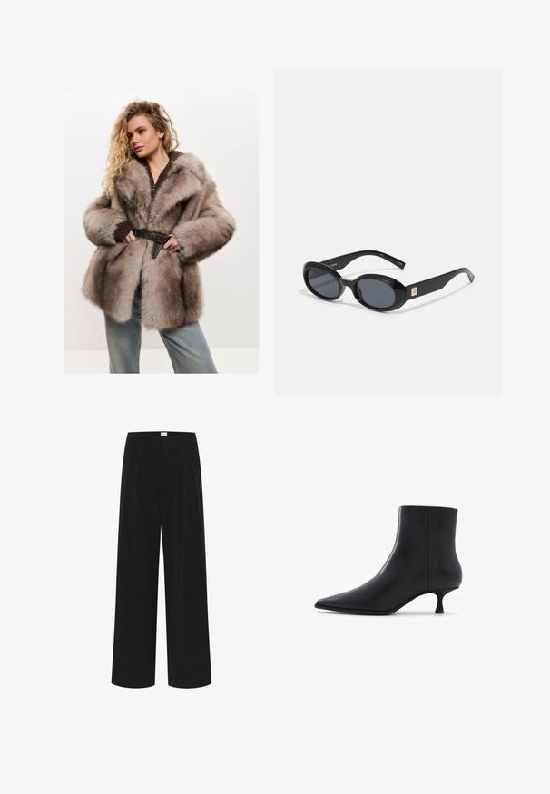 Cesare Gaspari Wintermantel - brown; Intimissimi U-BOOT-AUSSCHNITT - Langarmshirt - black; Schwarze weite Hosen mit hoher Taille, Falten und einer glatten Textur. Minimalistisches Design ohne sichtbare Muster oder Beschläge.; ALDO EMMALIE - Stiefelette - black; Schwarze ovale Sonnenbrillen mit dunklen Gläsern, glänzendem Kunststoffrahmen, breiten Bügeln und einem kleinen goldenen Akzent auf einer Seite.