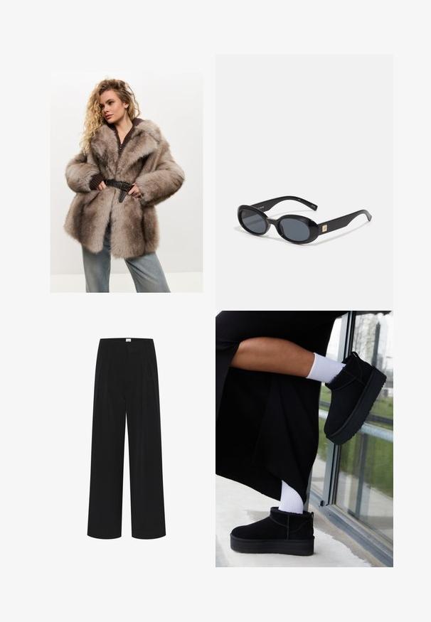 Cesare Gaspari Abrigo de invierno - brown; Intimissimi U-BOOT-AUSSCHNITT - Camiseta de manga larga - black; Pantalones de pierna ancha negros con cintura alta, pliegues y una textura suave. Diseño minimalista sin patrones ni herrajes visibles.; Botas negras de ante hasta el tobillo con suela plana, con una asa en la parte posterior, luciendo calcetines blancos hasta el tobillo en un fondo minimalista.; Gafas de sol negras en forma ovalada con lentes oscuros, montura de plástico brillante, brazos anchos y un pequeño acento dorado en un lado.